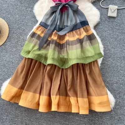 CONTRAST COLOR RUFFLES LONG SWING SKIRT